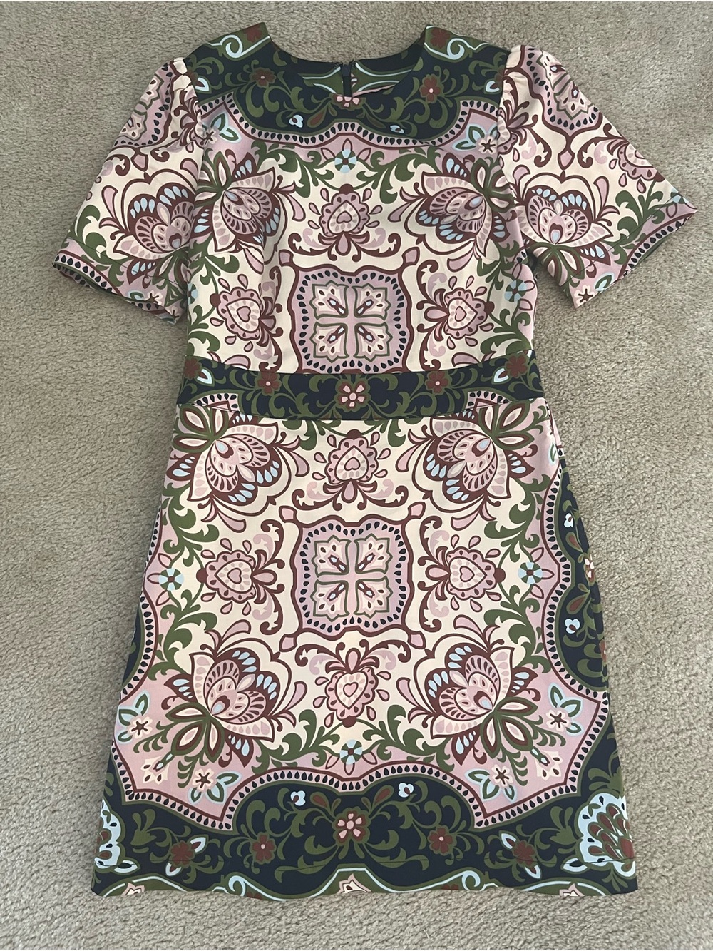 Boden Printed Short-Sleeve Sheath Dress in Pink & Green